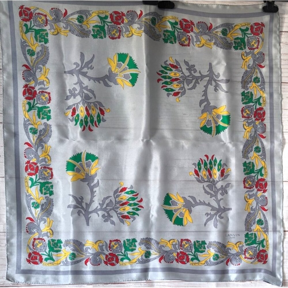 Lanvin Paris Scarf 100% Silk Georgette Hand Rolled Gray Floral Japan 26" FLAW